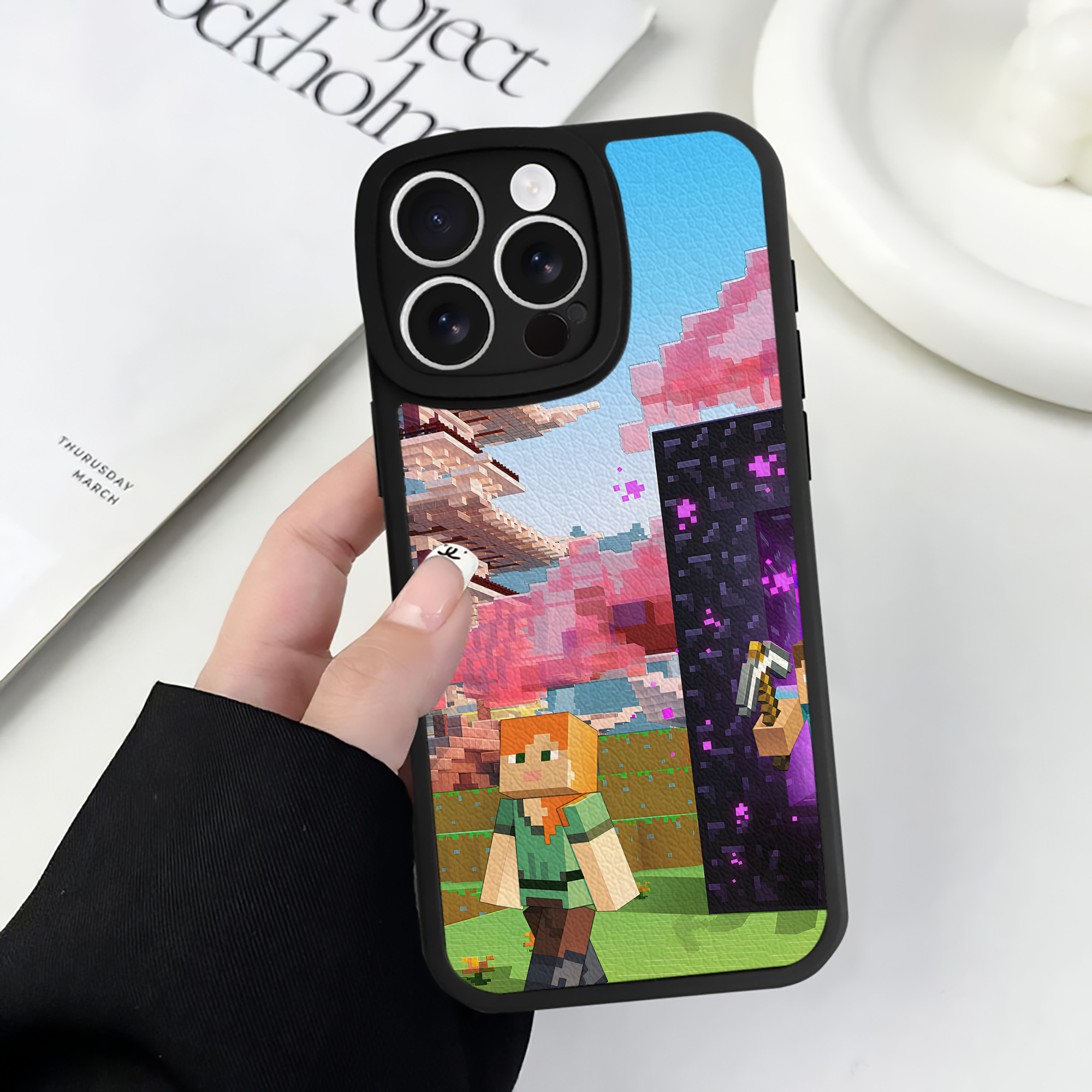 （画像用） マインクラフト ブロックの世界 Minecraft MC Block world 【iPhone 16シリーズ対応】シリコンスマホケース（レザー調） 材質：シリコン